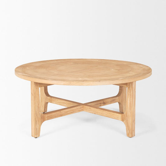 39" Natural and White Solid Wood Round Distressed Coffee Table HomeRoots