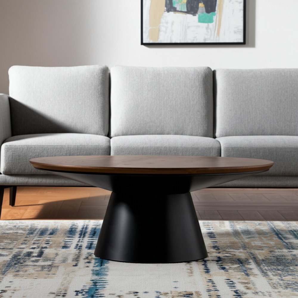 40" Brown and Black Solid Wood and Iron Round Pedestal Coffee Table HomeRoots