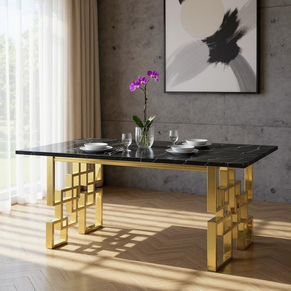 79" Black and Gold Marble and Metal Double Pedestal Base Dining Table HomeRoots