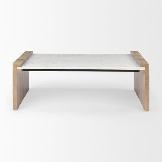 48" Natural and White Solid Wood And Genuine Marble Coffee Table HomeRoots