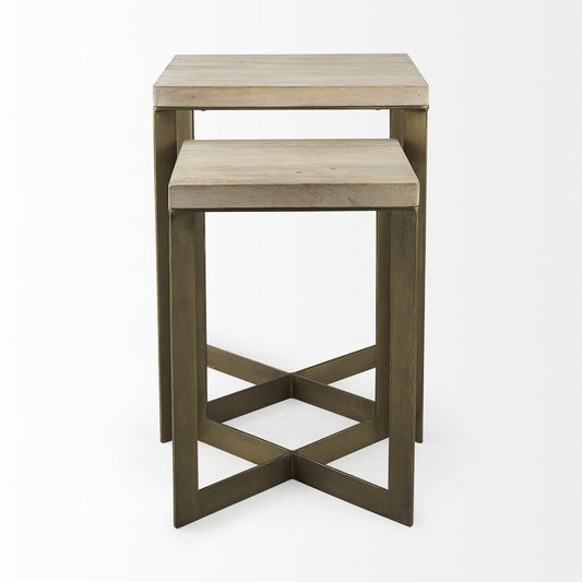 Set of Two Natural and Gold Solid Wood and Metal Square Cross Legs Nested Tables HomeRoots
