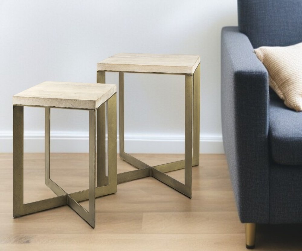 Set of Two Natural and Gold Solid Wood and Metal Square Cross Legs Nested Tables HomeRoots