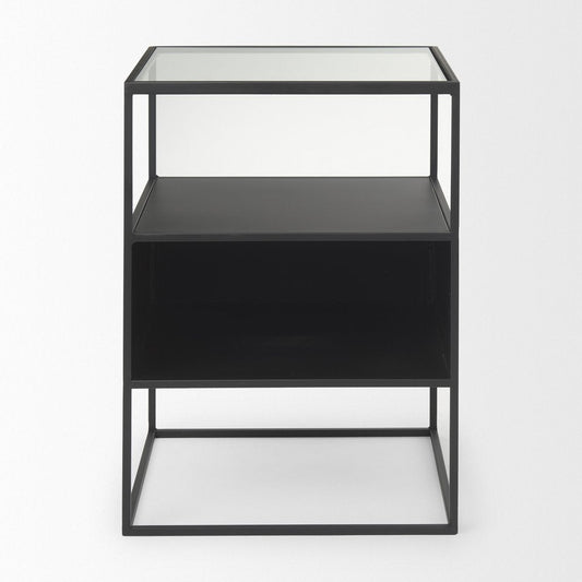 21" Clear and Black Glass and Metal Square Frame End Table With Two Shelves
