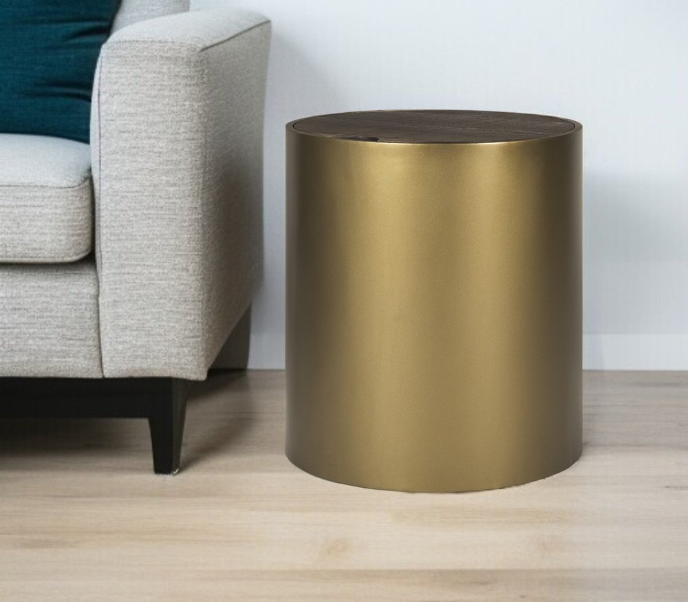22" Antiqued Gold And Brown Metal And Solid Wood Drum End Table With Storage HomeRoots