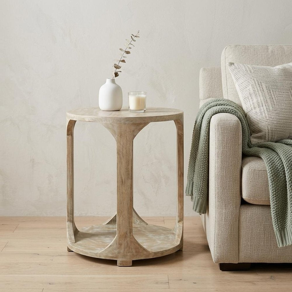 24" Natural Distressed Solid Wood Round Frame End Table With Shelf HomeRoots