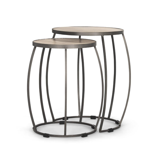 Set of Two Natural and Silver Solid Wood and Iron Round Frame Nested Tables