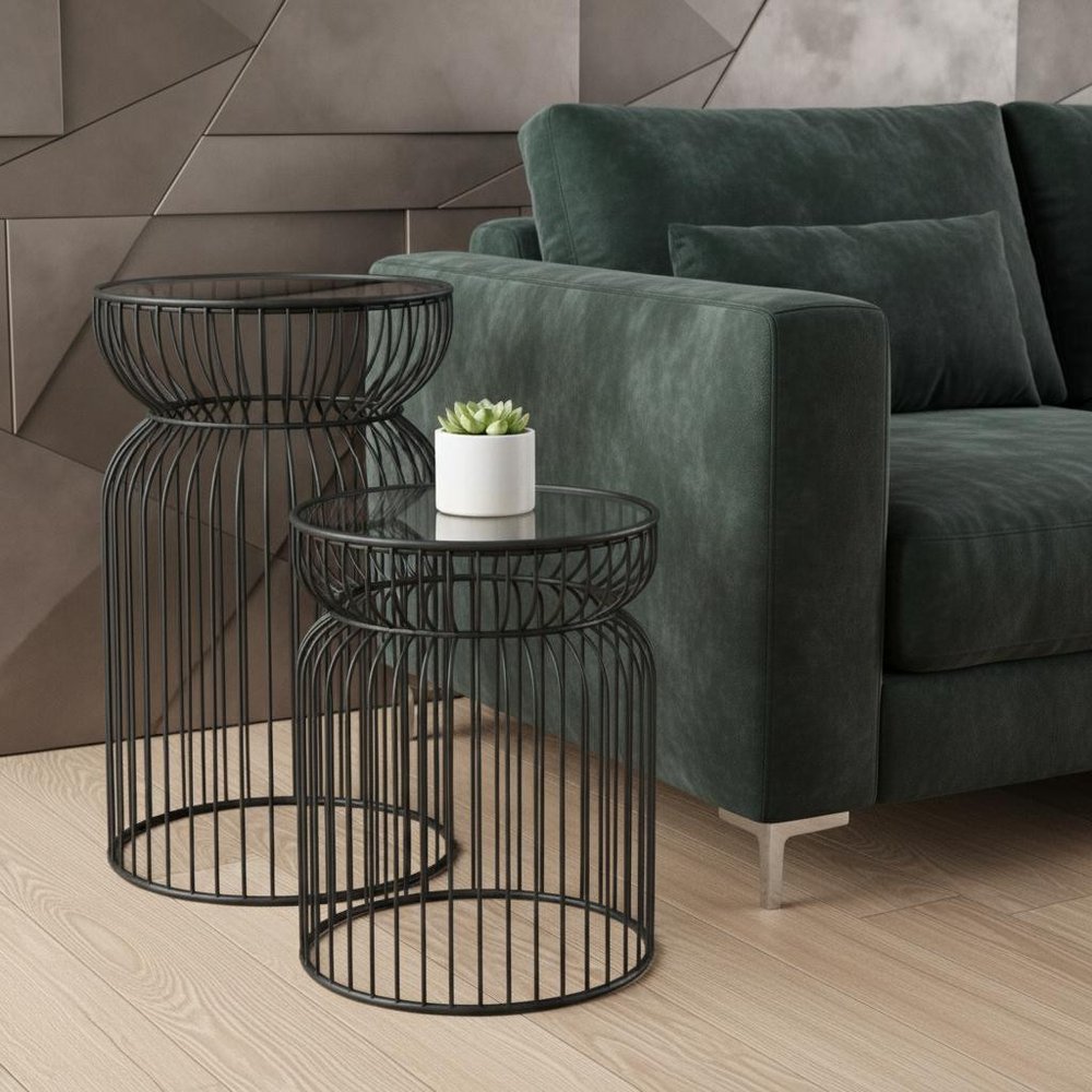 Set of Two Clear and Black Tempered Glass and Metal Wire Round Drum End Tables HomeRoots