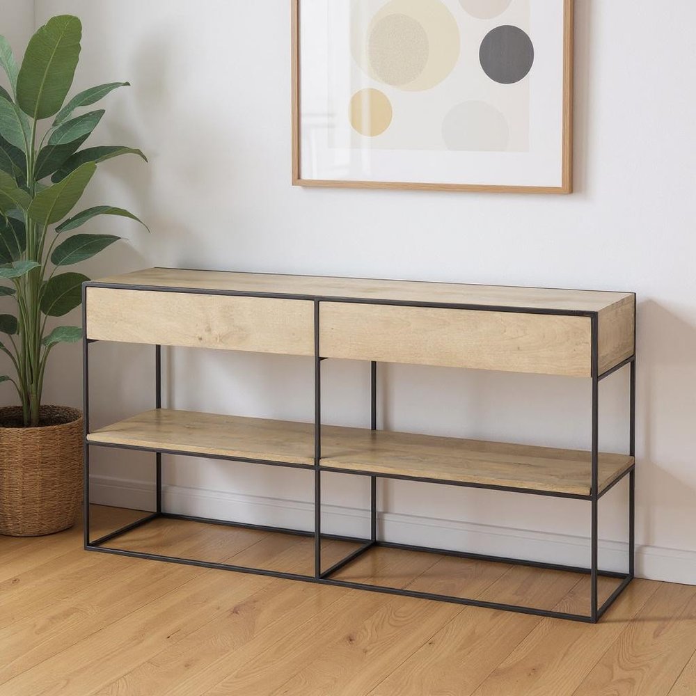 63" Natural and Black Solid Wood and Metal Frame Console Table With Shelf And With Two Drawers HomeRoots