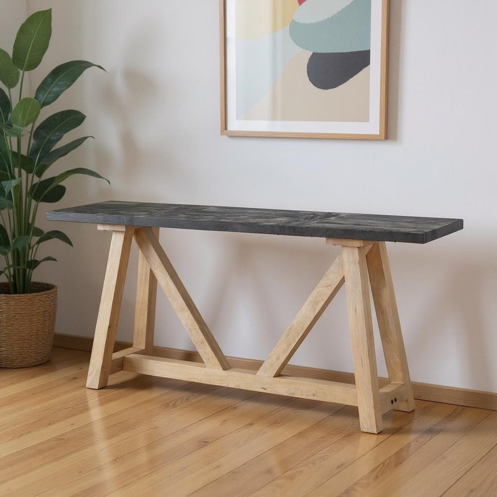 70" Black and Brown Solid Wood Trestle Console Table HomeRoots