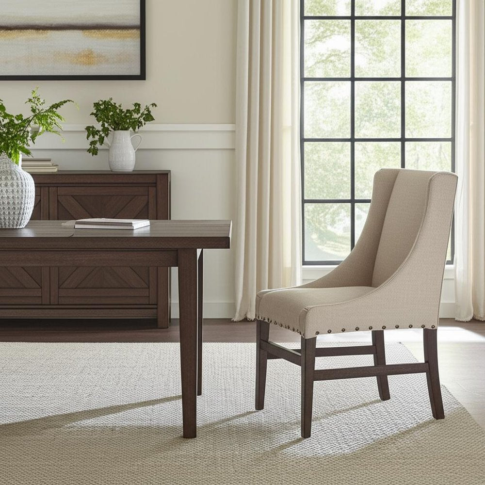 Cream and Brown Upholstered Linen And Solid Wood Dining Side Chair HomeRoots