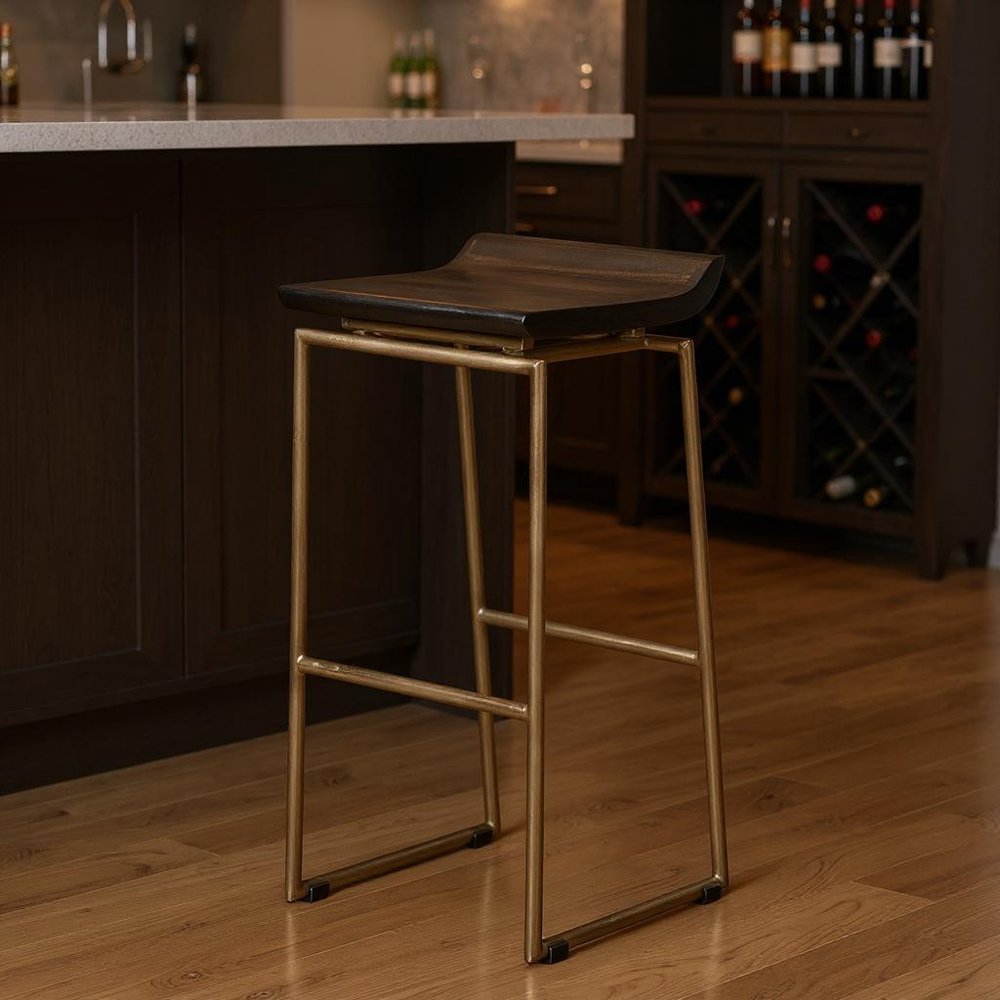 30" Black And Gold Solid Wood And Metal Backless Bar Height Bar Chair HomeRoots