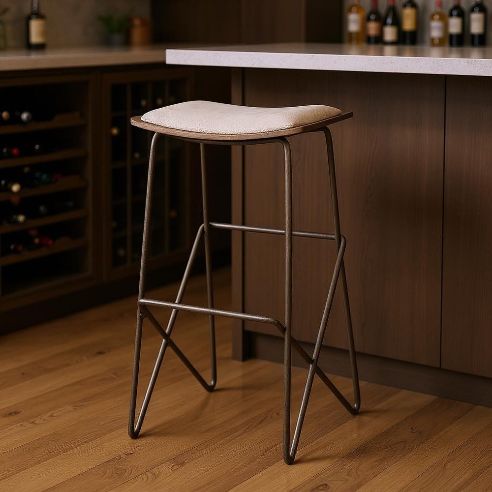 30" Cream And Gold Fabric And Iron Backless Bar Height Bar Chair HomeRoots