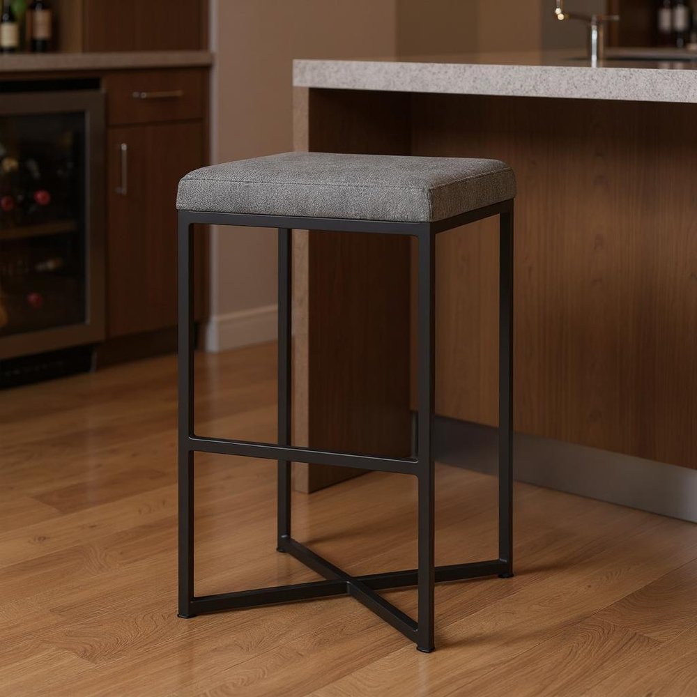 30" Gray And Black Fabric And Iron Backless Bar Height Bar Chair HomeRoots