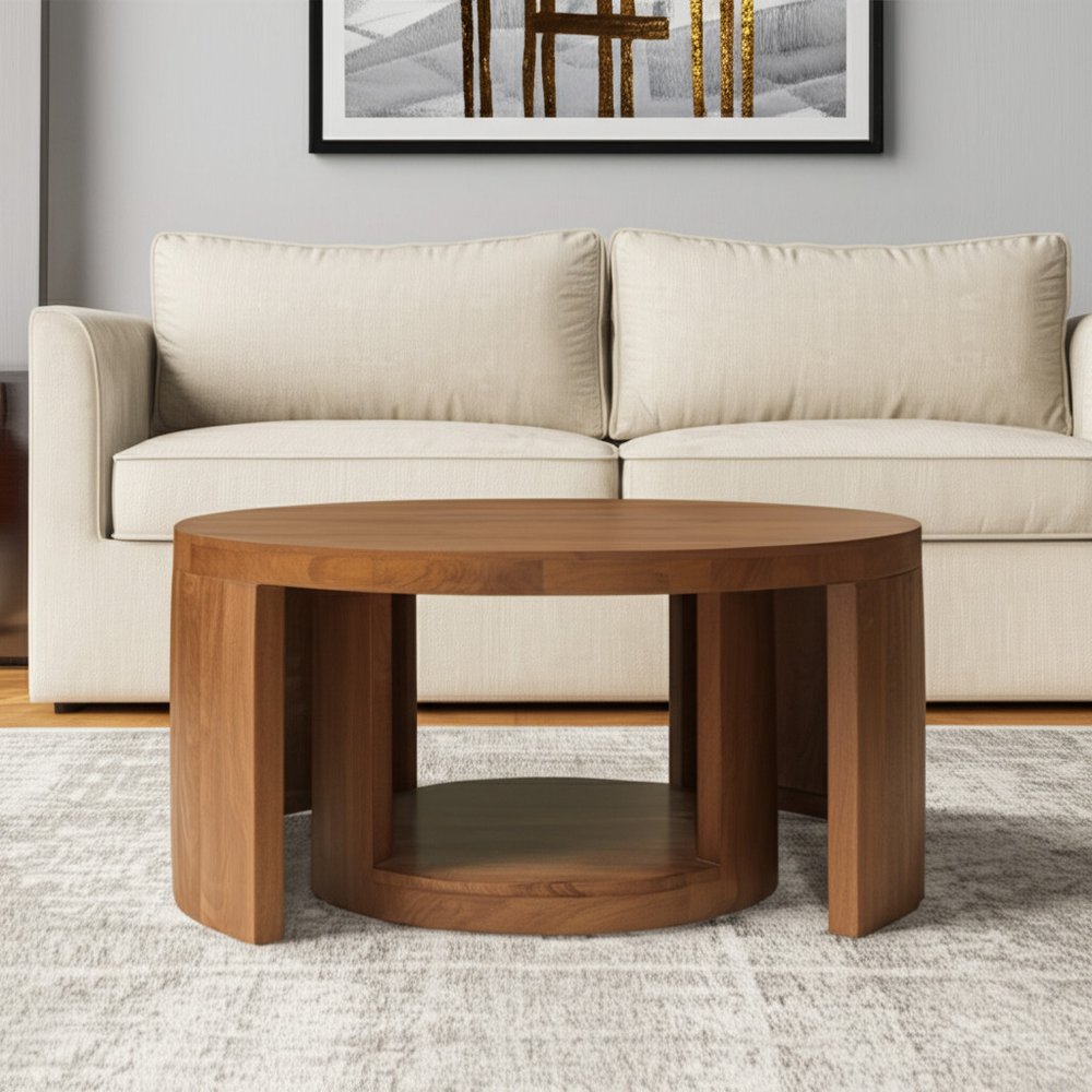 Set of Two Walnut Solid Wood Round Distressed Solid Nested Coffee Tables HomeRoots