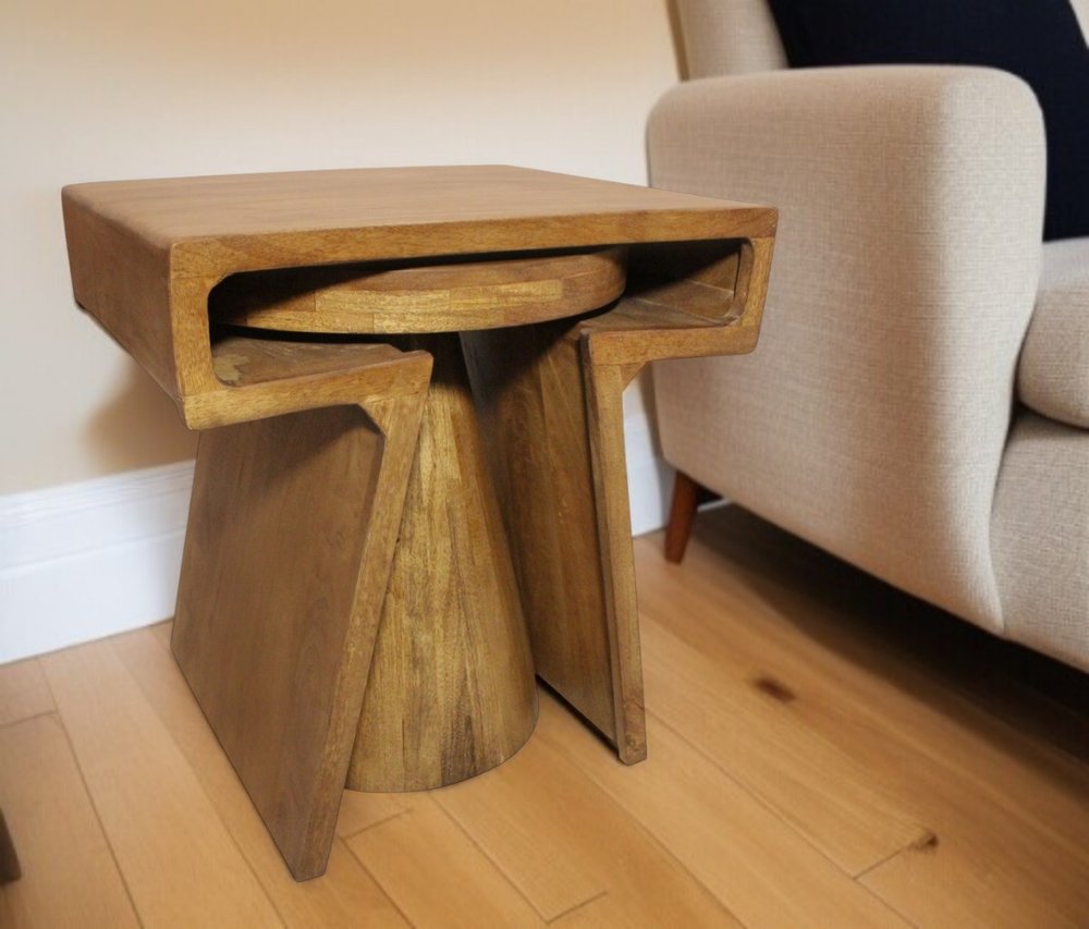 Set of Two Walnut Distressed Solid Wood Pedestal Nested Tables HomeRoots