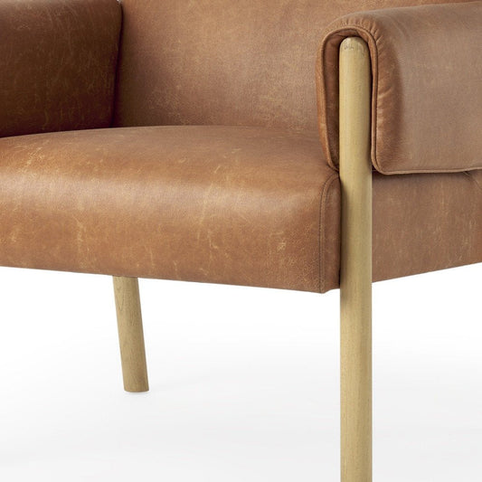 30" Brown and Natural Faux Leather and Solid Wood Arm Chair HomeRoots