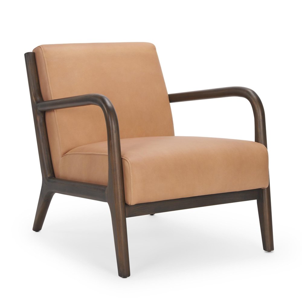 26" Tan and Dark Brown Genuine Leather and Solid Wood Arm Chair HomeRoots
