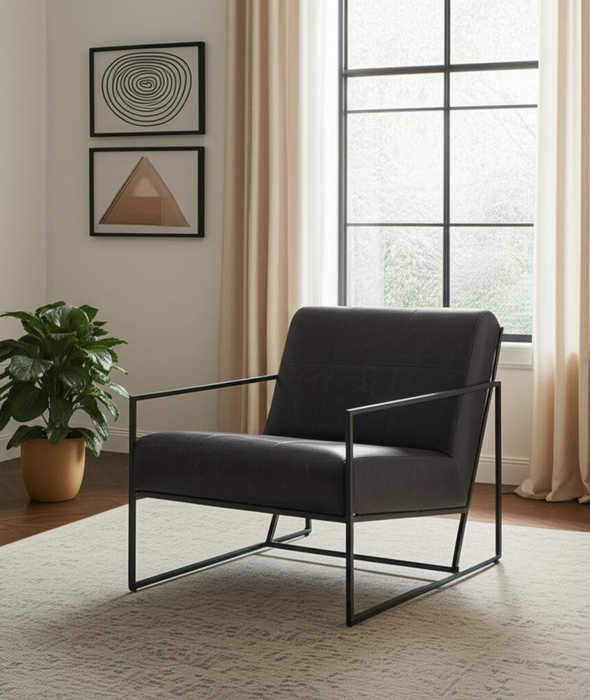 37" Black Genuine Leather and Metal Lounge Chair HomeRoots