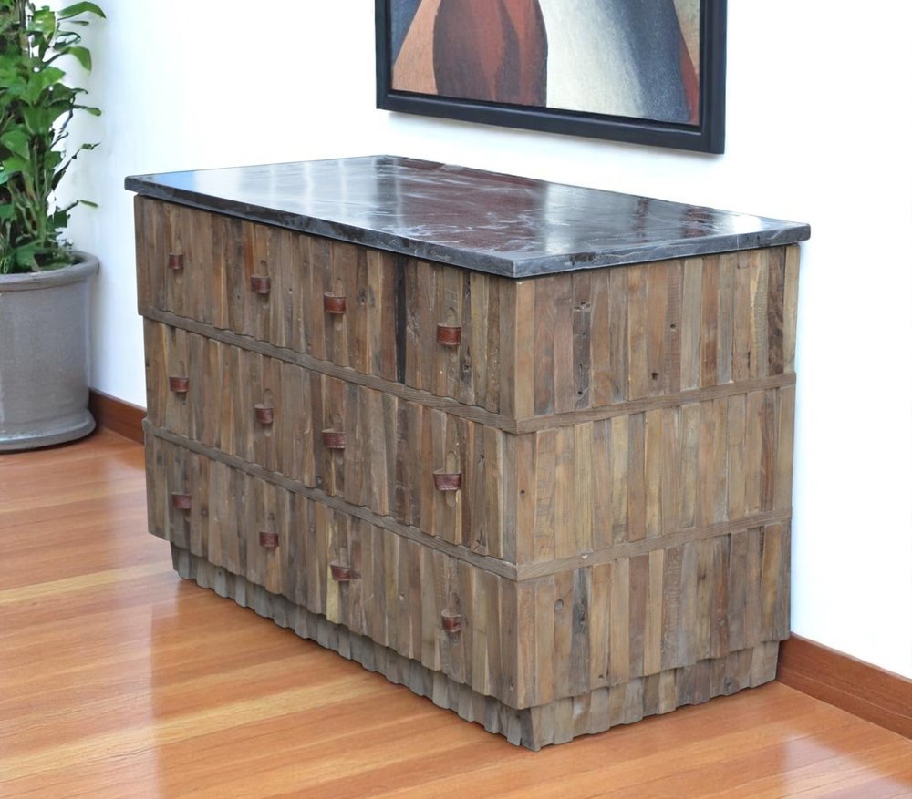 47" Brown Distressed Reclaimed Wood Carved Geometric Six Drawer Buffet Table HomeRoots