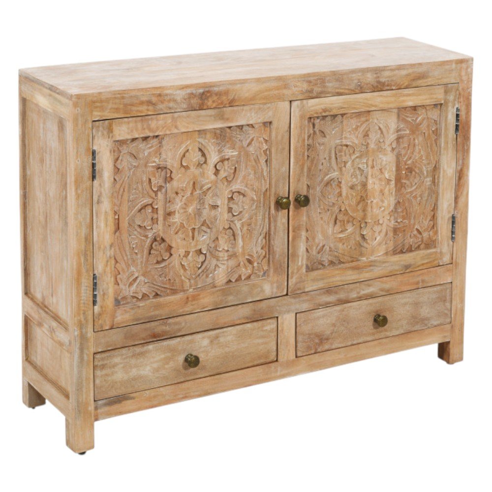 48" White Distressed Solid Wood Carved Floral Two Drawer Sideboard With Two Doors HomeRoots