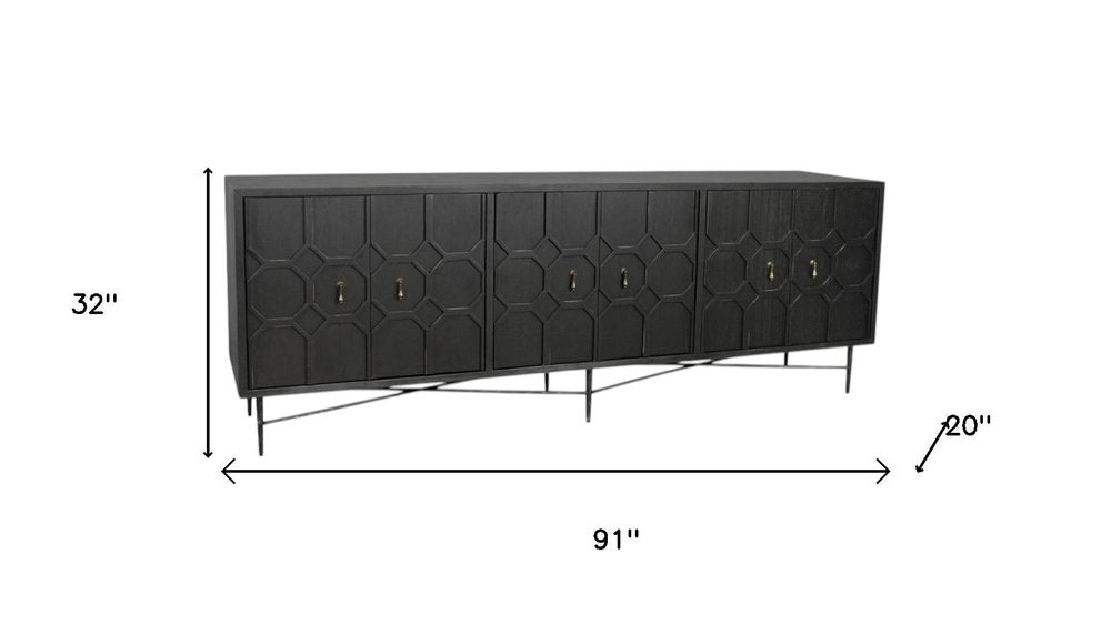 91" Black Distressed Reclaimed Wood Carved Geometric Sideboard With Six Doors