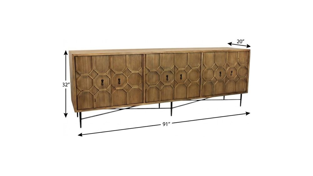 91" Natural Distressed Solid Wood Carved Geometric Sideboard with Six Doors HomeRoots
