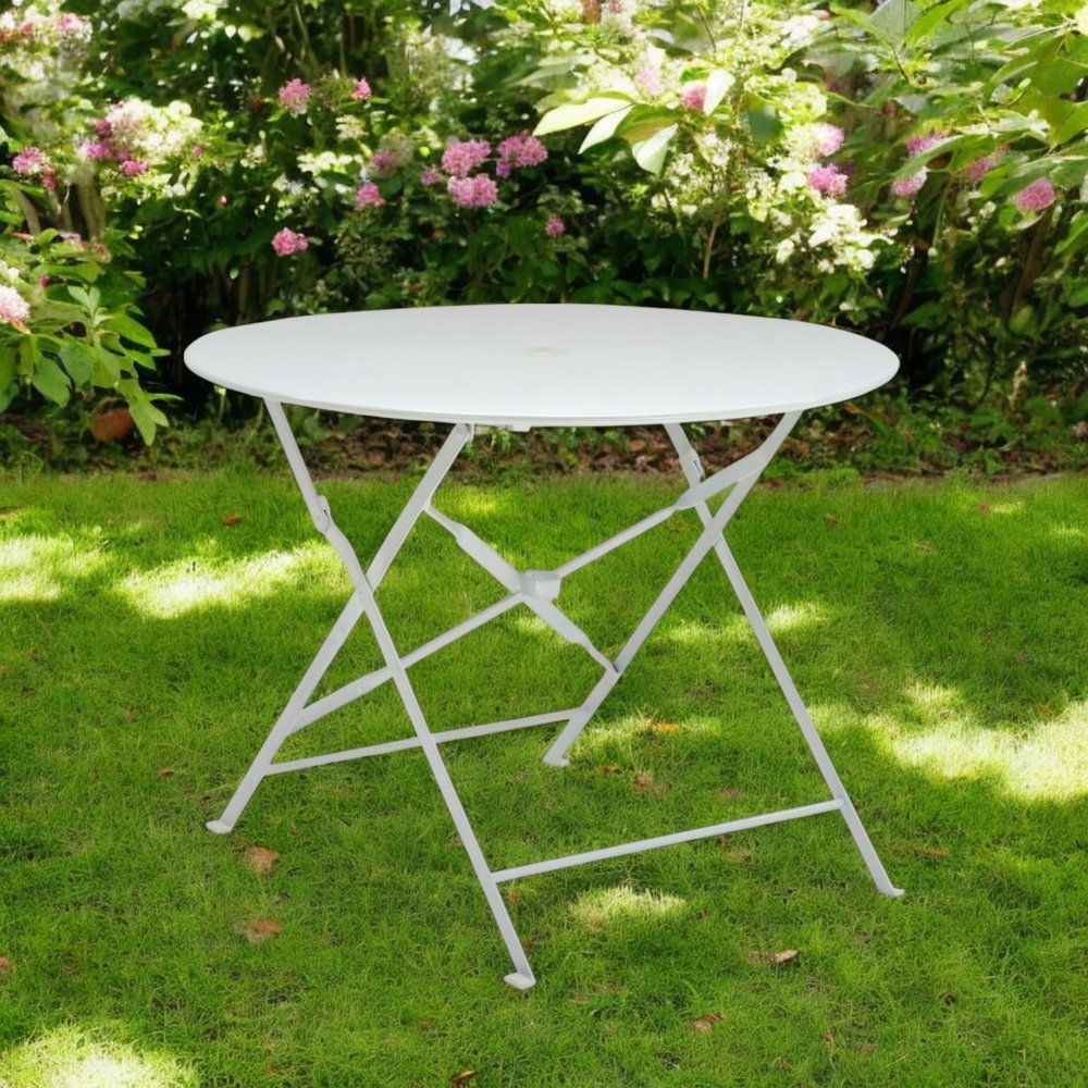 36" White Rounded Aluminum Folding Outdoor Dining Table with Umbrella Hole HomeRoots