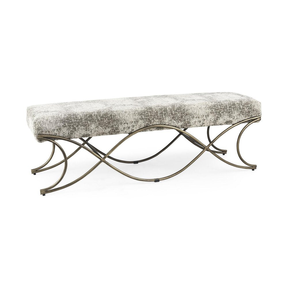 55" Gray and Gold Chenille and Metal Upholstered Bench HomeRoots