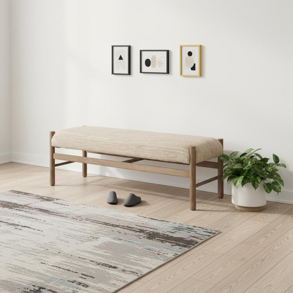57" Beige and Brown Cotton and Solid Wood Upholstered Bench HomeRoots