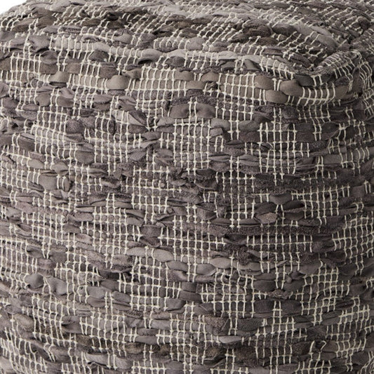 16" Brown and Gray Cotton And Leather Geometric Cube Pouf Ottoman HomeRoots