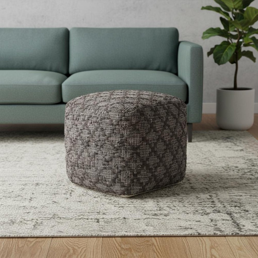 16" Brown and Gray Cotton And Leather Geometric Cube Pouf Ottoman HomeRoots