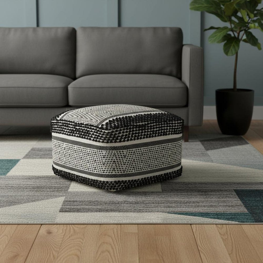 22" Black and White Cotton And Wool Geometric Pouf Ottoman HomeRoots