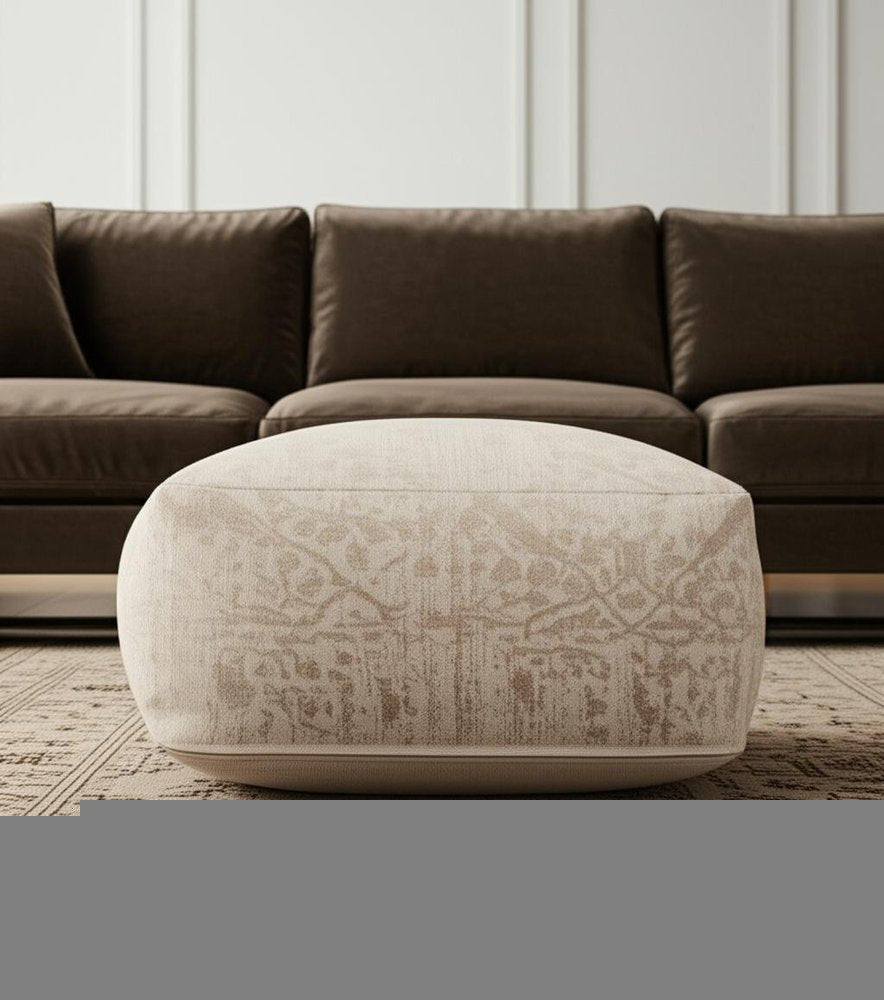 36" Beige and Cream Chenille Damask Pouf Ottoman HomeRoots