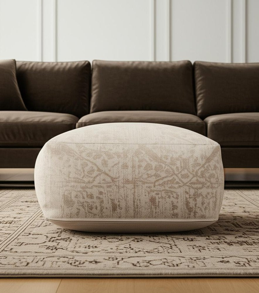 36" Beige and Cream Chenille Damask Pouf Ottoman HomeRoots