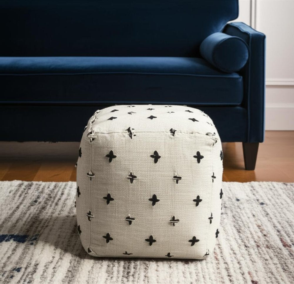 16" Cream And Black Wool Polka Dots Cube Pouf Ottoman HomeRoots
