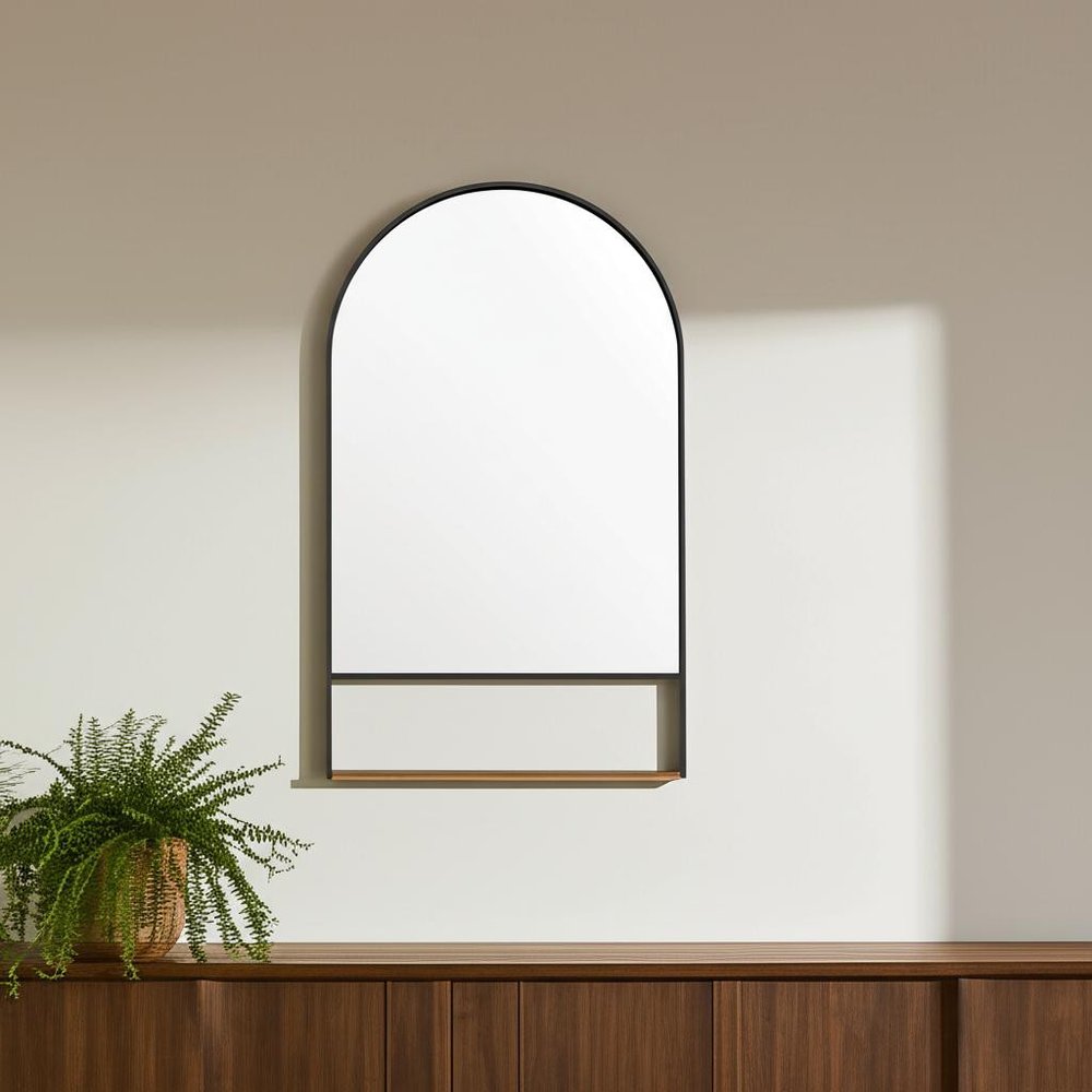 40" Black Metal Arch Framed Accent Mirror With Shelf HomeRoots