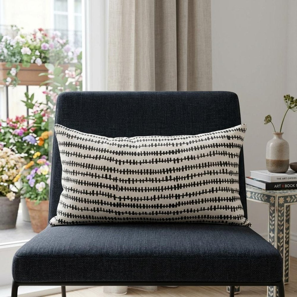 14" X 26" Black And Cream Striped Linen Throw Pillow Cover with Texture