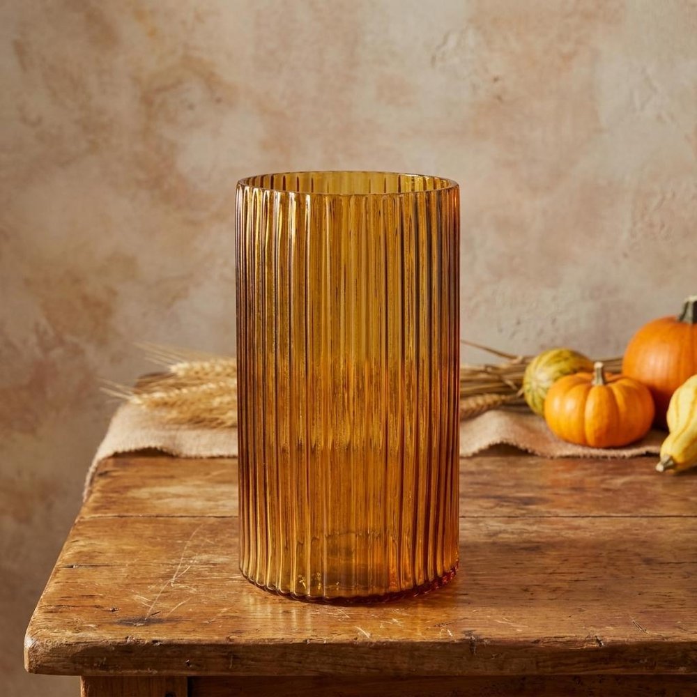8" Amber Cylinder Ribbed Glass Table Vase HomeRoots