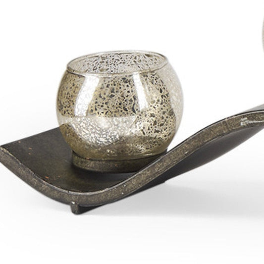 7" Silver Distressed Abstract Metal And Glass Tabletop Hurricane Candle Holder HomeRoots