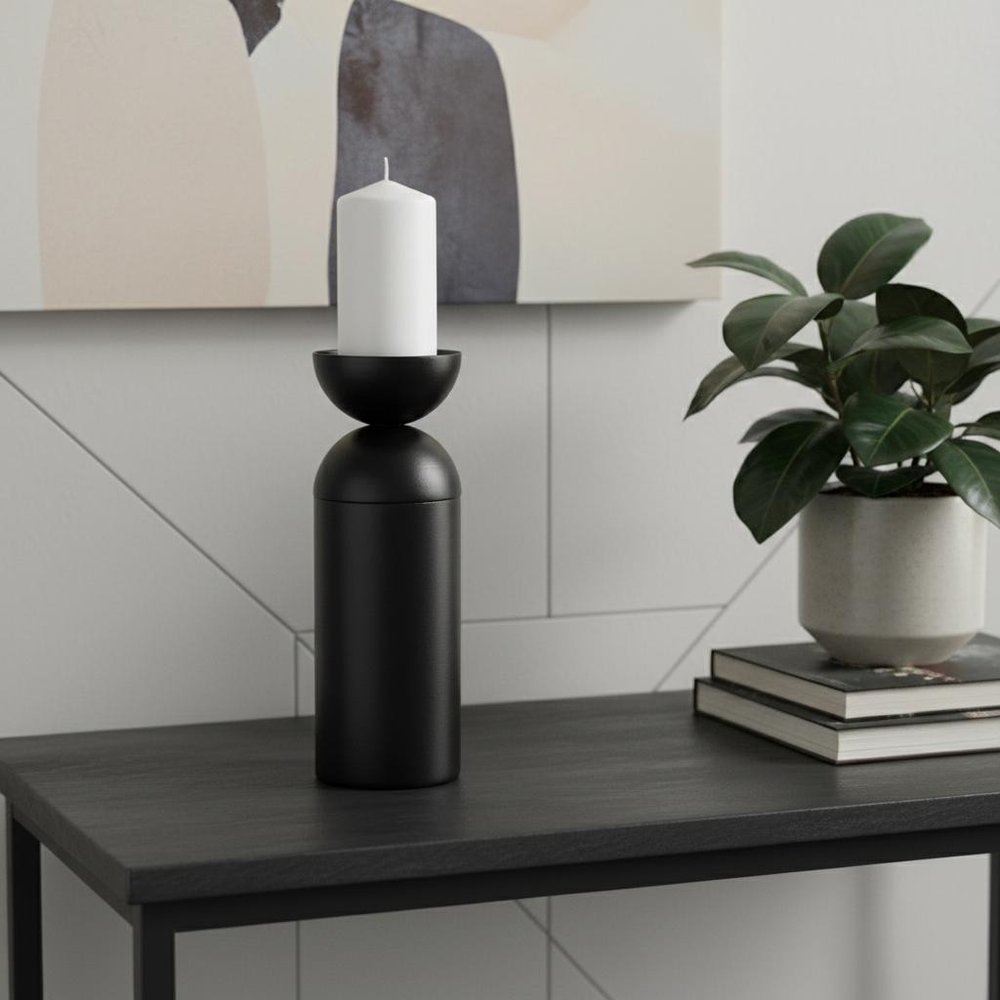 13" Black Metal Tabletop Pillar Candle Holder HomeRoots