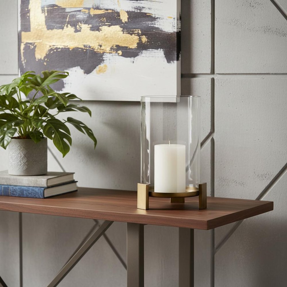14" Antiqued Gold Geometric Glass And Metal Tabletop Hurricane Candle Holder HomeRoots