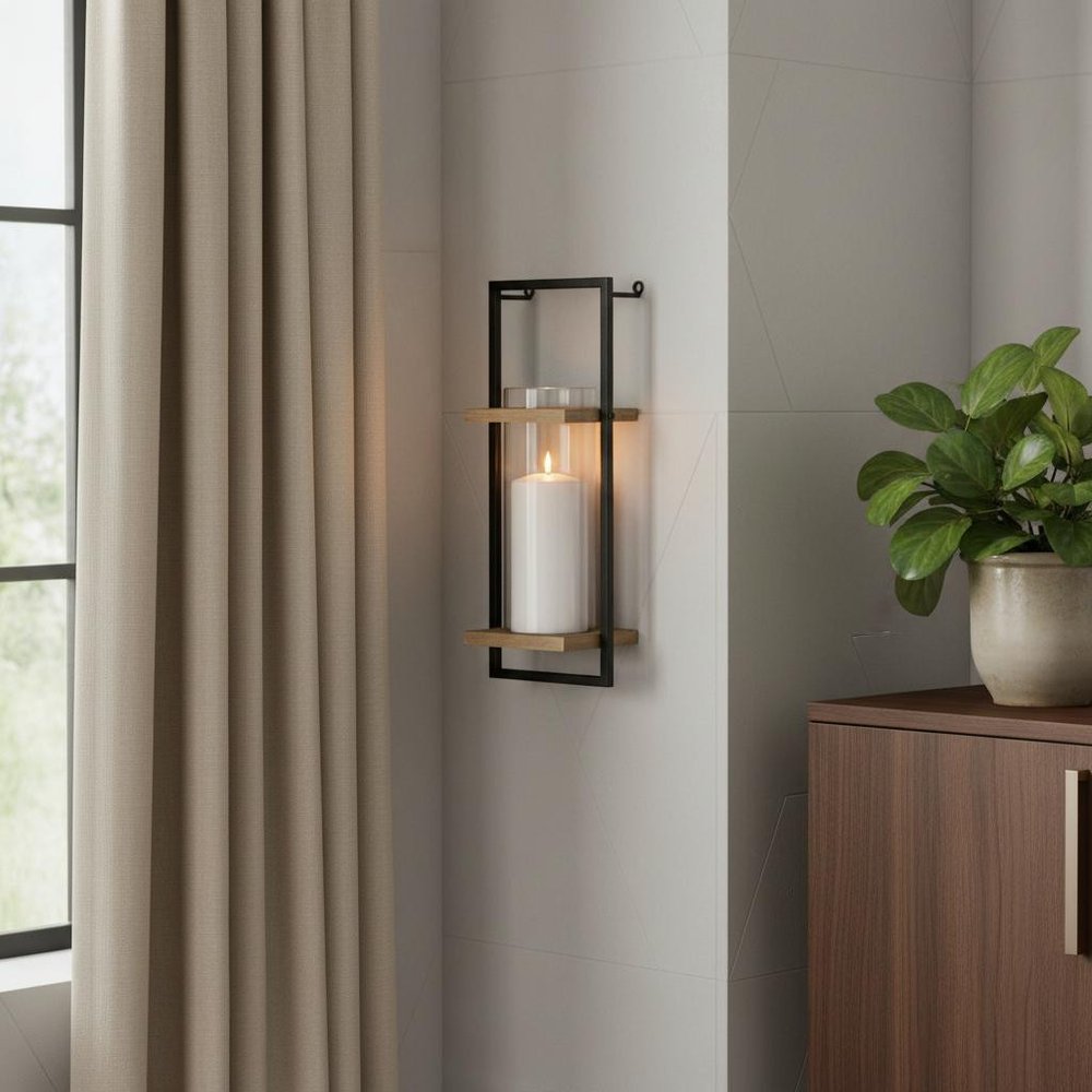 20" Black And Bronze Distressed Geometric Metal And Glass Wall Sconce Candle Holder HomeRoots