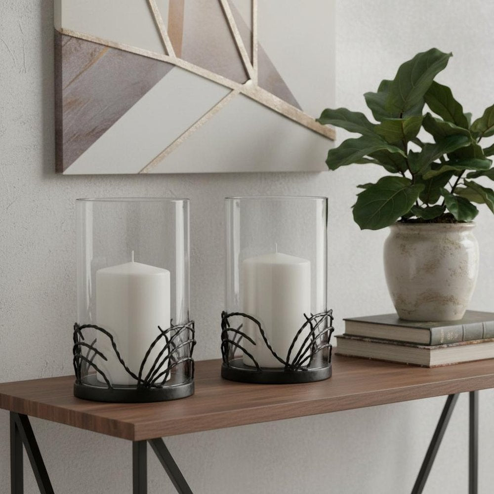 Set of Two Black Botanical Leaf Glass And Metal Tabletop Hurricane Candle Holders HomeRoots
