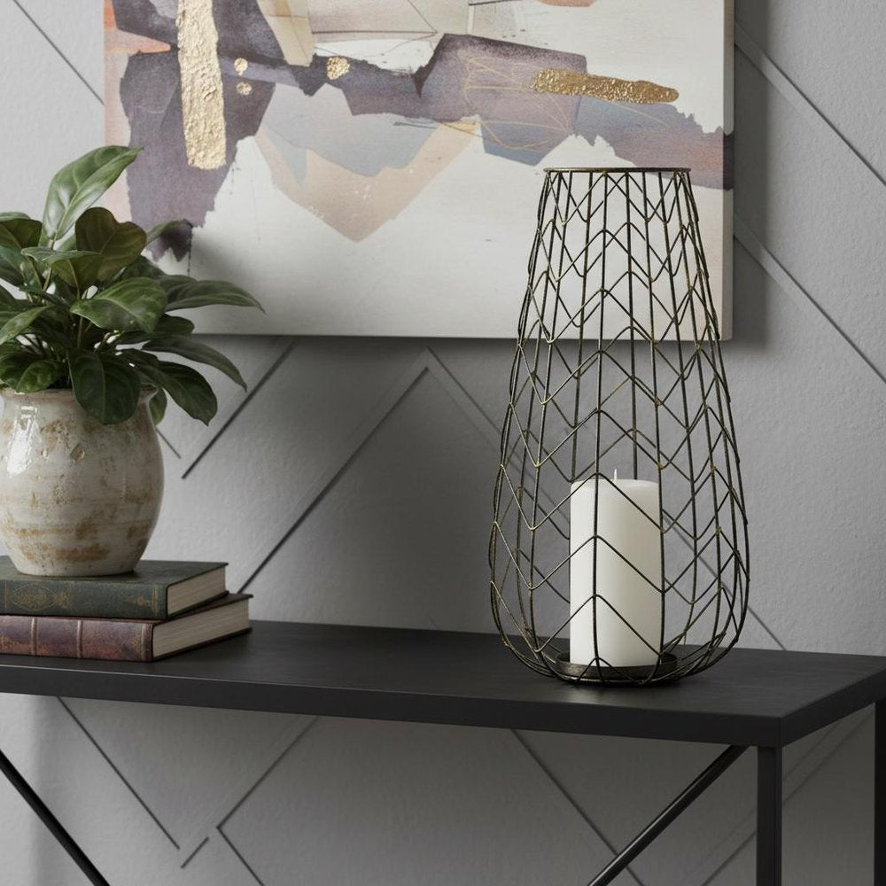 16" Gold Distressed Lattice Metal Tabletop Lantern Candle Holder HomeRoots