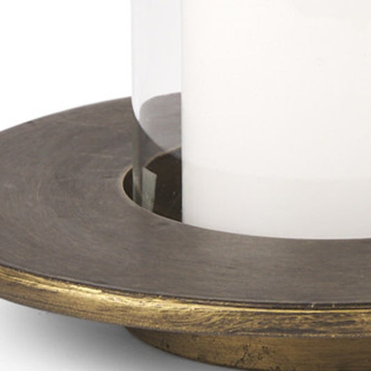 Set of Two Gold Distressed Geometric Metal Tabletop Hurricane Candle Holders HomeRoots