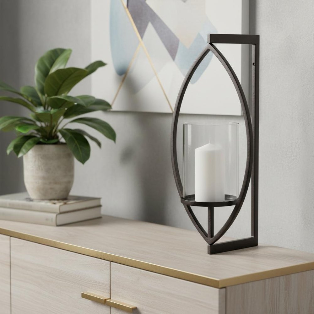 22" Black Geometric Metal And Glass Lantern Candle Holder HomeRoots
