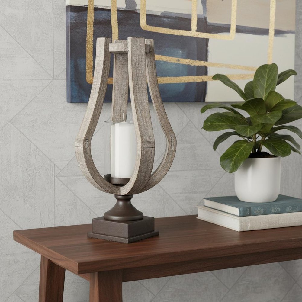 17" Brown Distressed Geometric Solid Wood And Metal Tabletop Hurricane Candle Holder HomeRoots