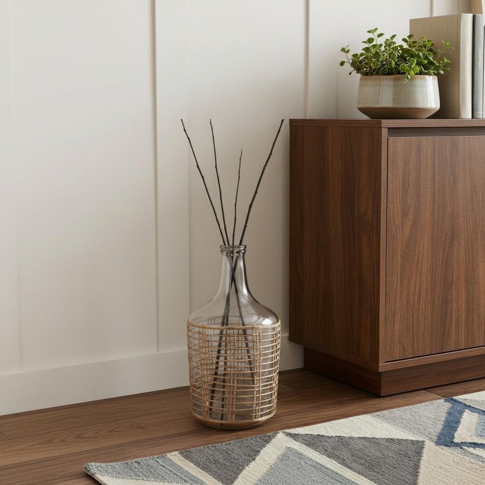 15" Clear And Natural Glass Round Floor Vase With Wrapped Rattan HomeRoots