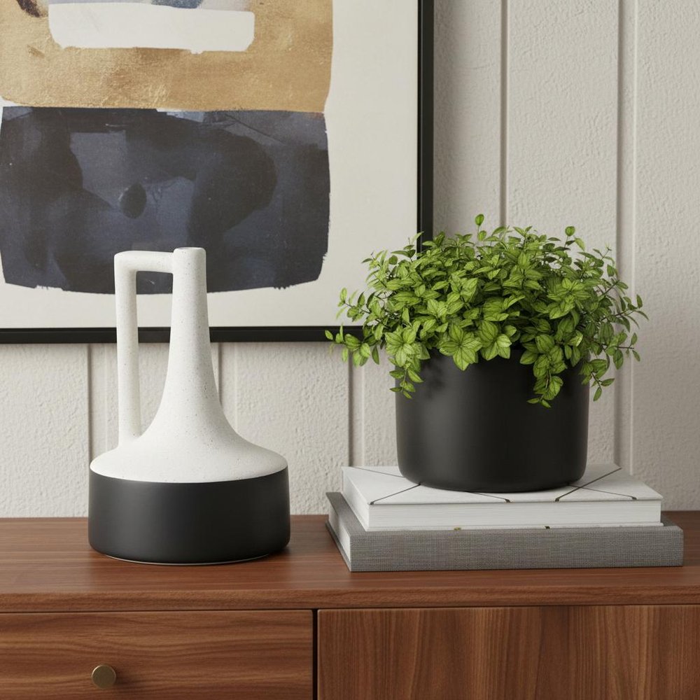 10" Black And White Ceramic Jug Vase HomeRoots