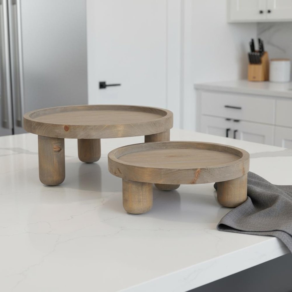 Set of Two Gray And Natural Solid Wood Handmade Round Risers HomeRoots
